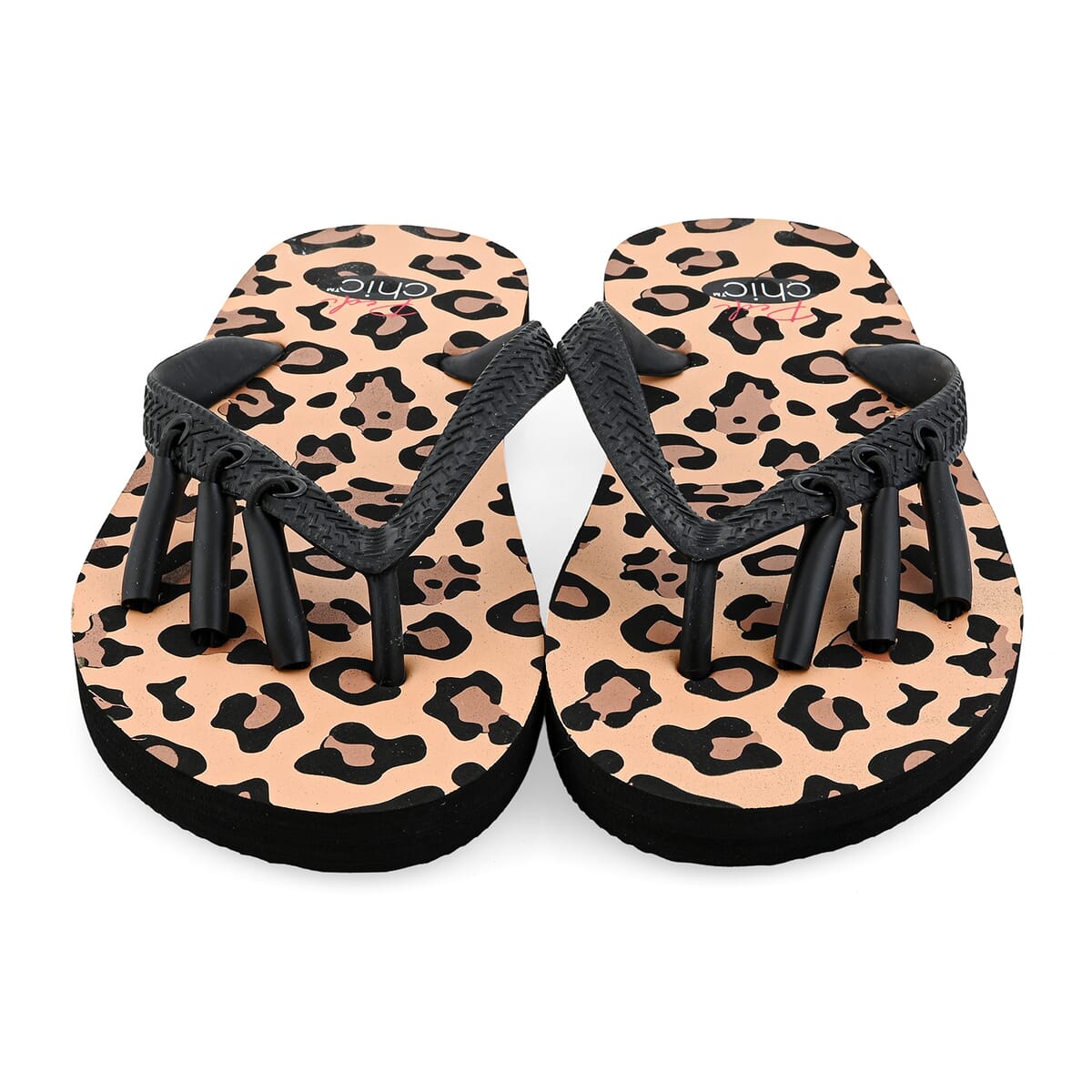 Pedi-Chic Black and Tan Leopard Pattern Flip Flops - S image number 1