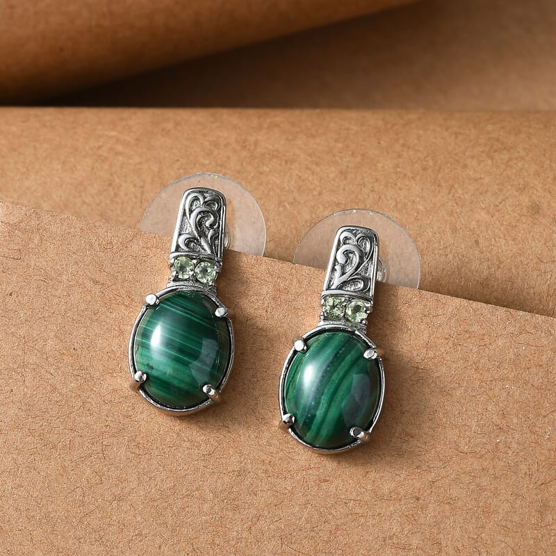 EverTrue African Malachite and Hebei Peridot 10.50 ctw Earrings in Stainless Steel