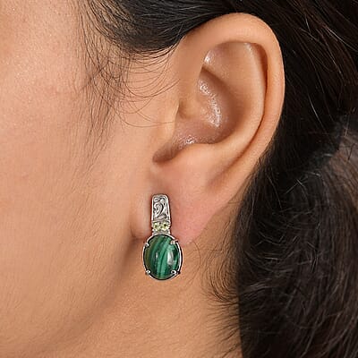 EverTrue African Malachite and Hebei Peridot 10.50 ctw Earrings in Stainless Steel