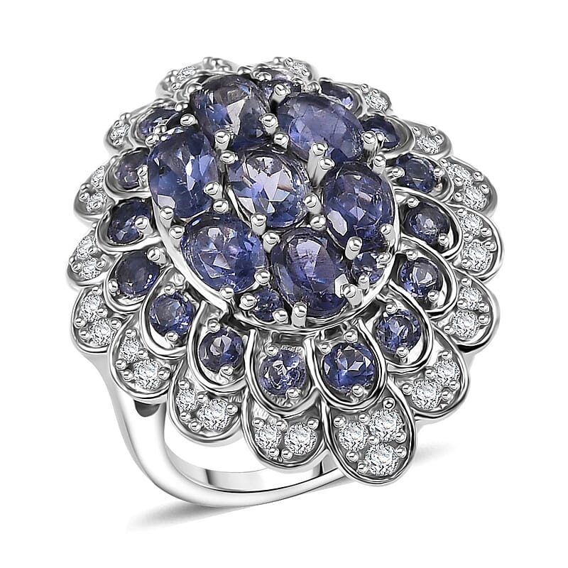 D'Joy Catalina Iolite and White Zircon 4.50 ctw Astral Bloom Ring in Rhodium Over Sterling Silver (Size 10.0)