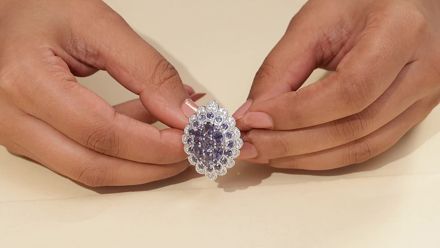 D'Joy Catalina Iolite, White Zircon Astral Bloom Ring in Rhodium Over Sterling Silver (Size 10.0) (Del. in 10-12 Days) 4.50 ctw