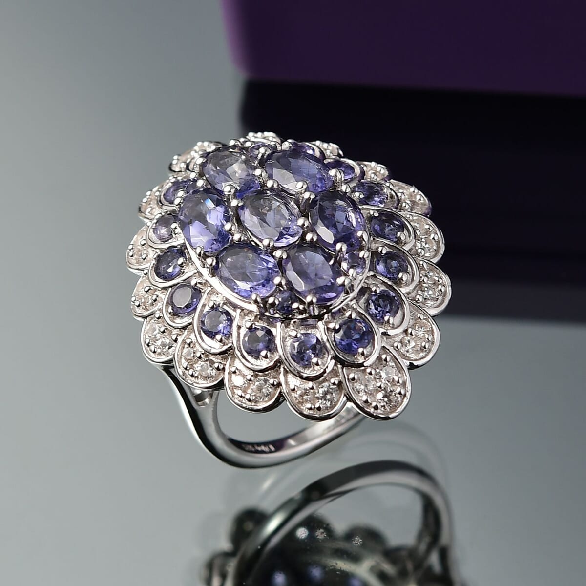D'Joy Catalina Iolite and White Zircon 4.50 ctw Astral Bloom Ring in Rhodium Over Sterling Silver (Size 10.0) image number 1