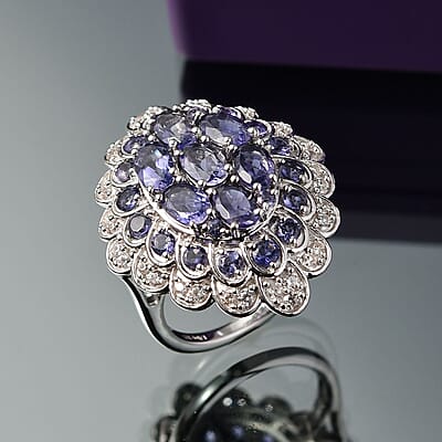 D'Joy Catalina Iolite and White Zircon 4.50 ctw Astral Bloom Ring in Rhodium Over Sterling Silver (Size 10.0)