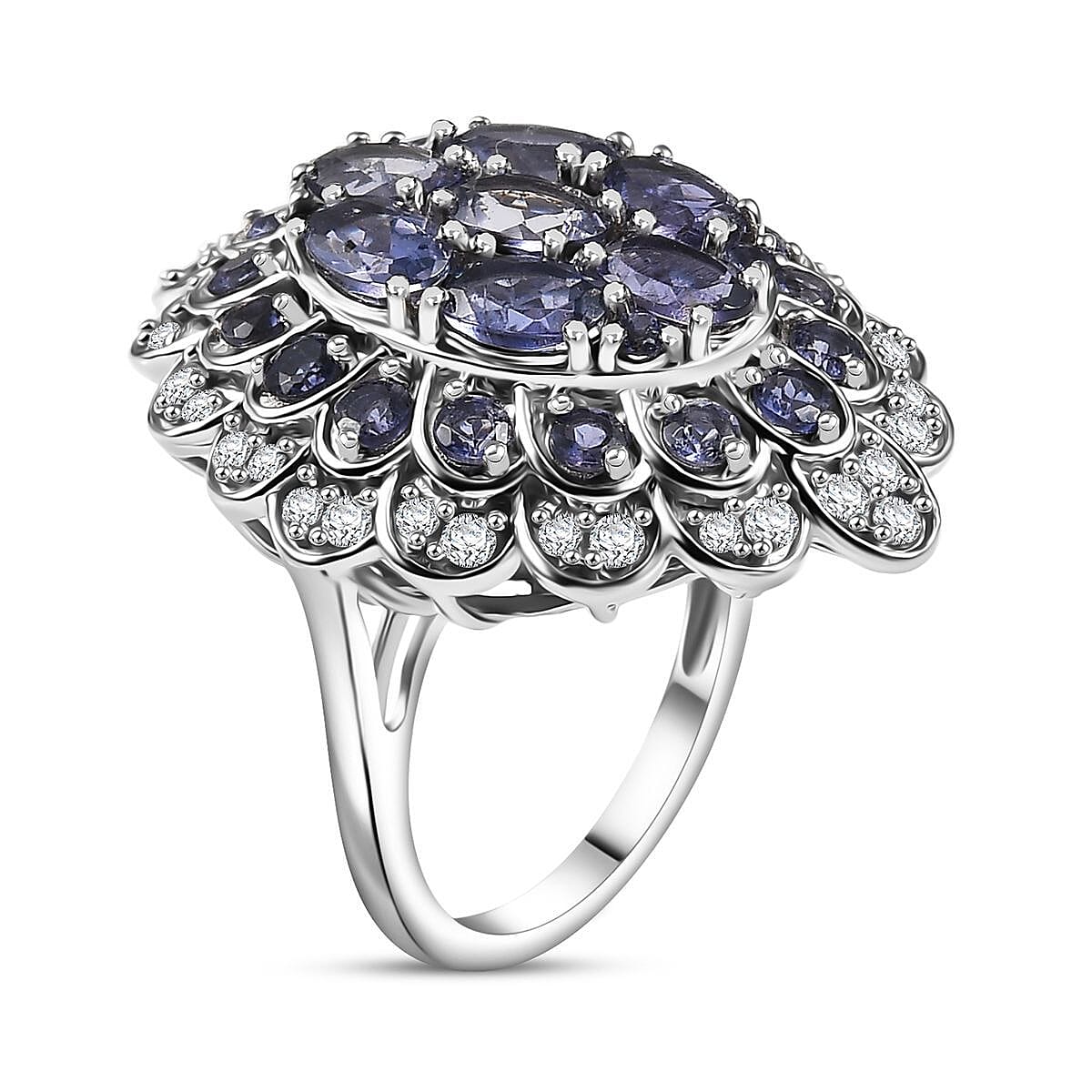 D'Joy Catalina Iolite and White Zircon 4.50 ctw Astral Bloom Ring in Rhodium Over Sterling Silver (Size 10.0)