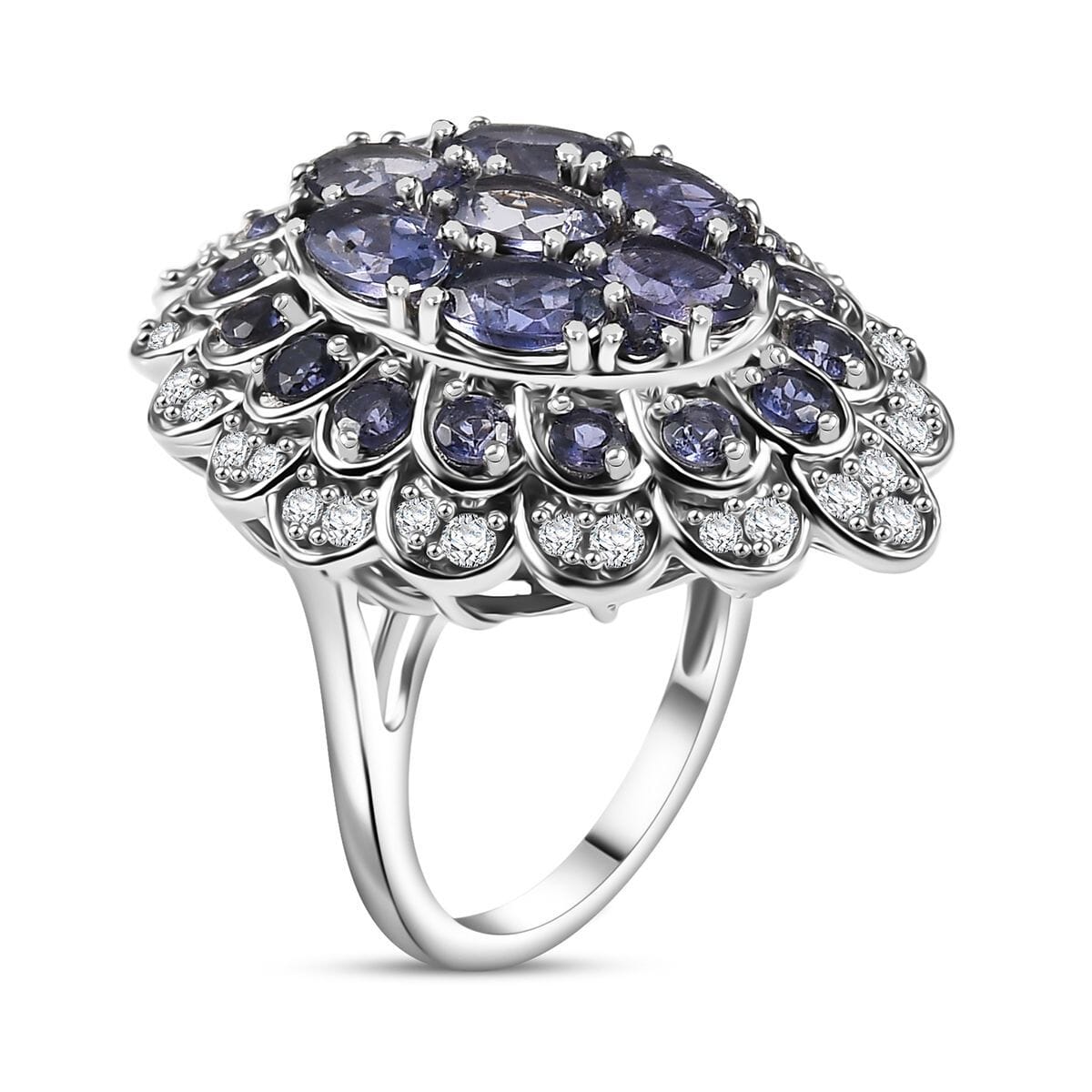 D'Joy Catalina Iolite and White Zircon 4.50 ctw Astral Bloom Ring in Rhodium Over Sterling Silver (Size 10.0) image number 2
