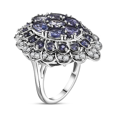 D'Joy Catalina Iolite and White Zircon 4.50 ctw Astral Bloom Ring in Rhodium Over Sterling Silver (Size 10.0)