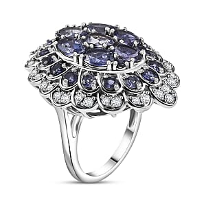 D'Joy Catalina Iolite and White Zircon 4.50 ctw Astral Bloom Ring in Rhodium Over Sterling Silver (Size 6.0)