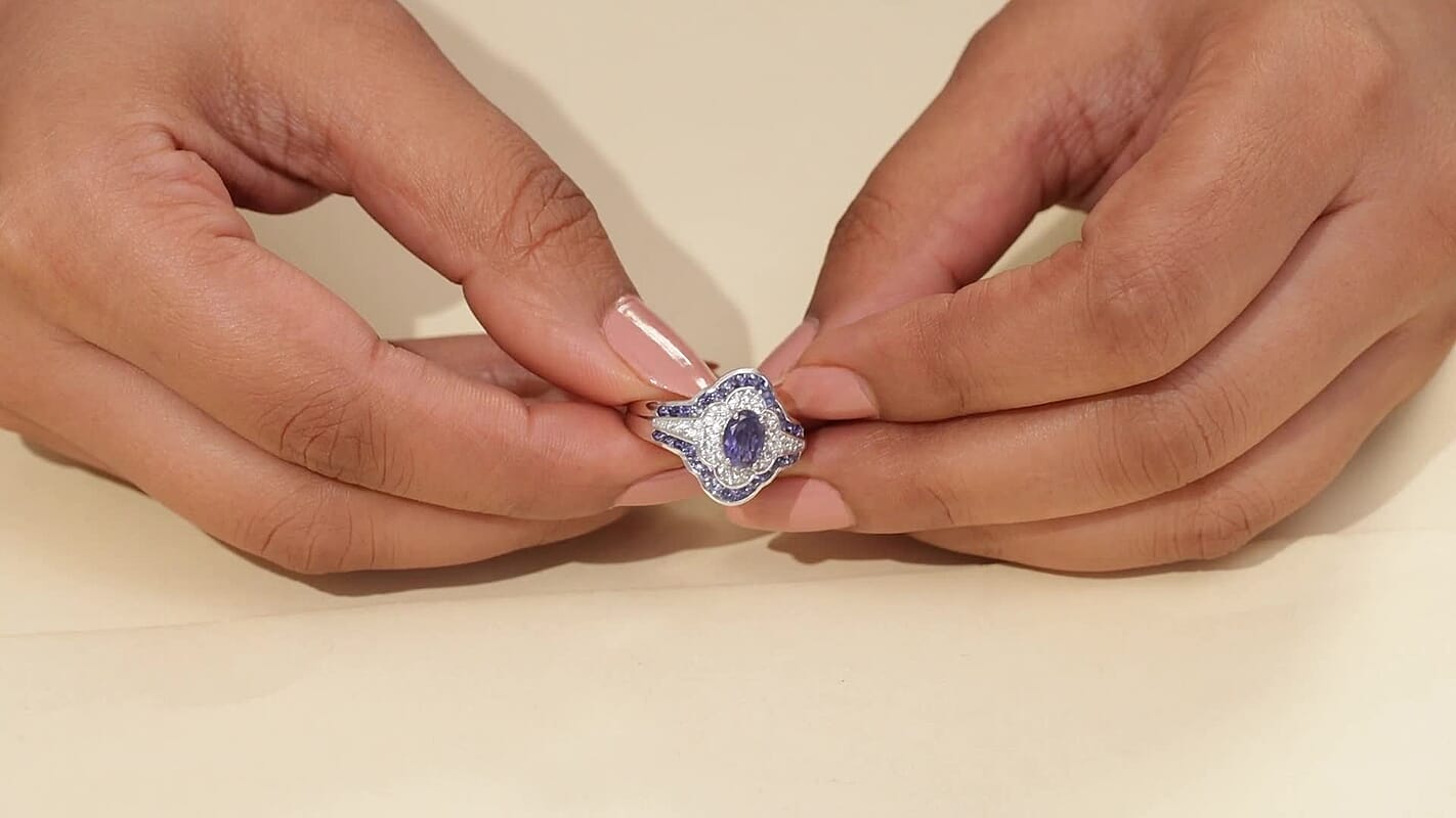 D'Joy Catalina Iolite, White Zircon Nebula Crown Ring in Rhodium Over Sterling Silver (Size 10.0) (Del. in 10-12 Days) 1.75 ctw