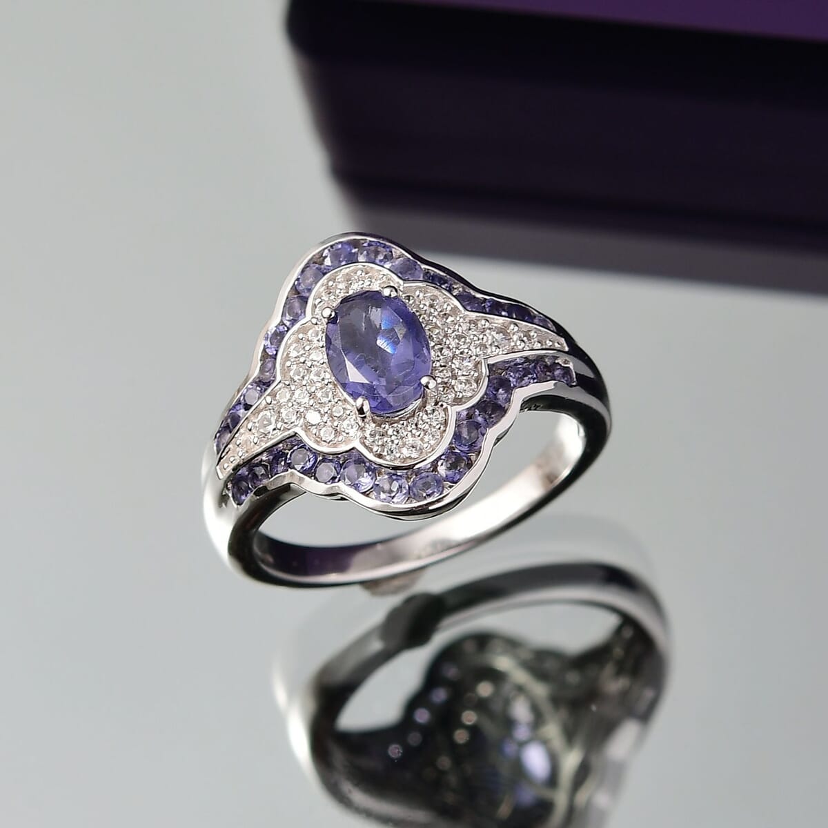 D'Joy Catalina Iolite and White Zircon 1.75 ctw Nebula Crown Ring in Rhodium Over Sterling Silver (Size 10.0) image number 1