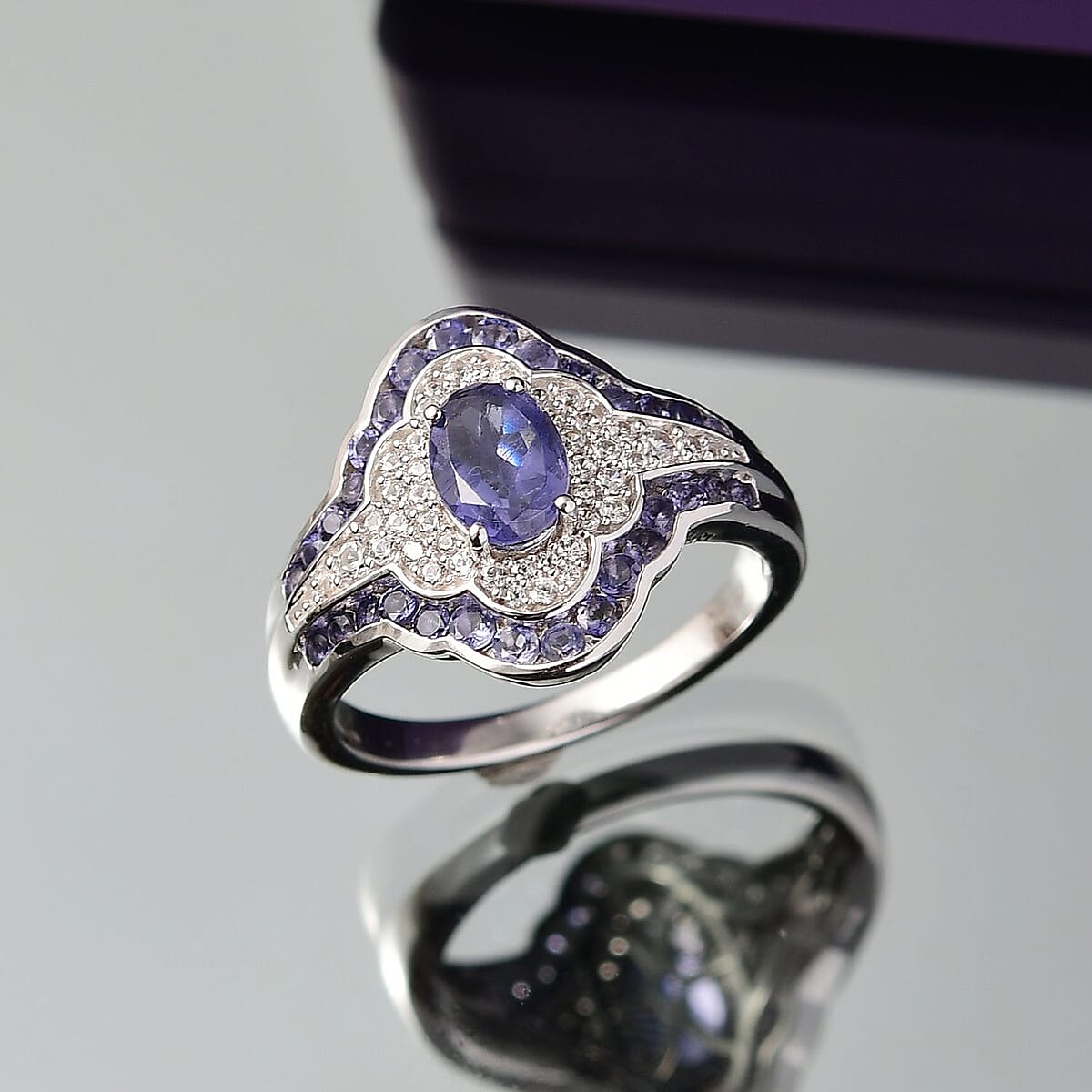 D'Joy Catalina Iolite and White Zircon 1.75 ctw Nebula Crown Ring in Rhodium Over Sterling Silver (Size 6.0) image number 1