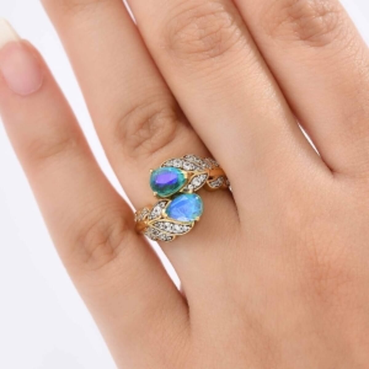 Peacock Triplet Quartz and White Zircon 2.06 ctw Fancy Ring in Vermeil Yellow Gold Over Sterling Silver (Size 11.5) image number 2