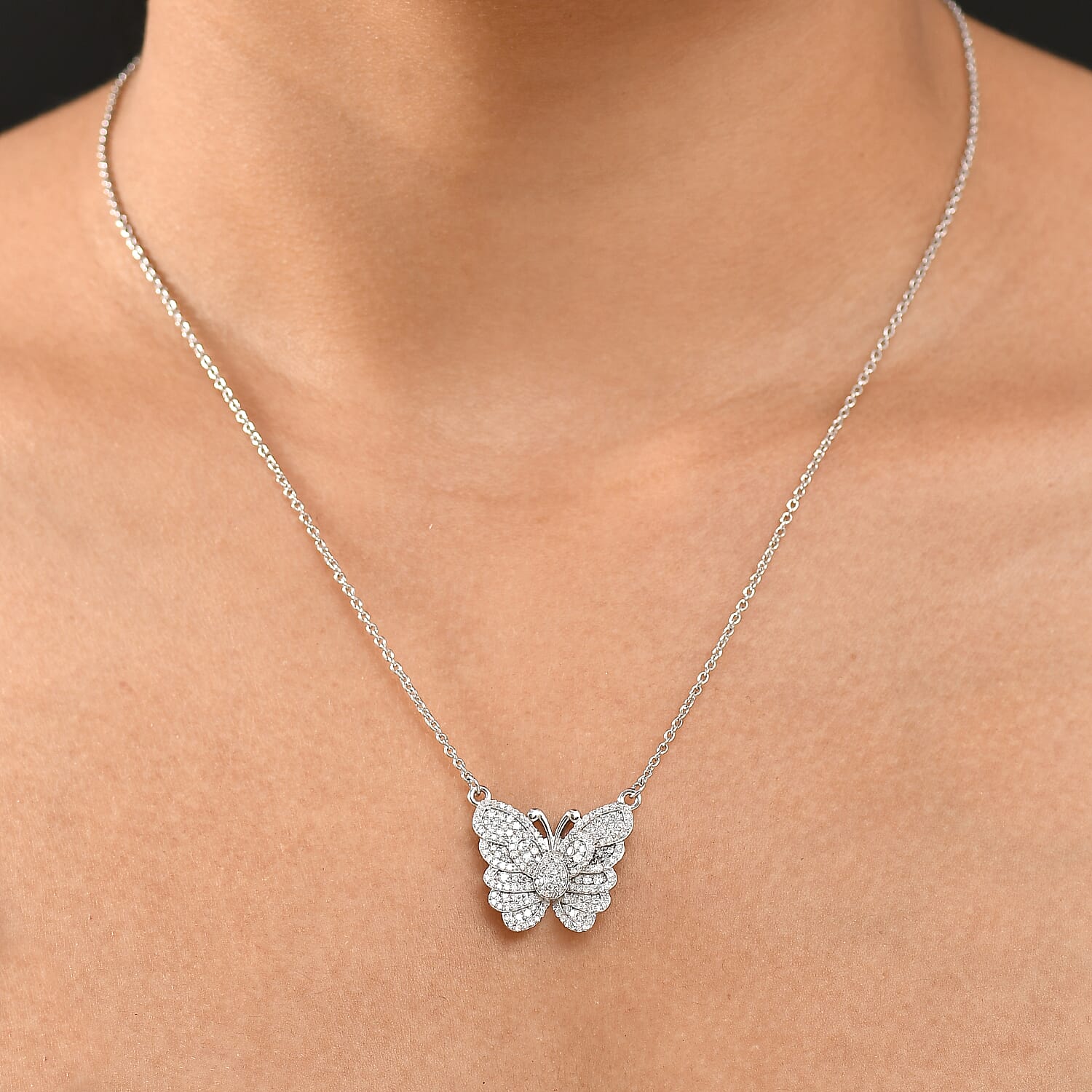 Luxuriant Lab Grown Diamond G-H SI 1.00 ctw Butterfly Necklace 18-20 Inches in Rhodium Over Sterling Silver (Del. In 10-12 Days)