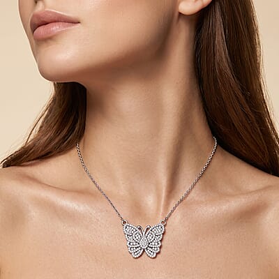 Luxuriant Lab Grown Diamond G-H SI 1.00 ctw Butterfly Necklace 18-20 Inches in Rhodium Over Sterling Silver