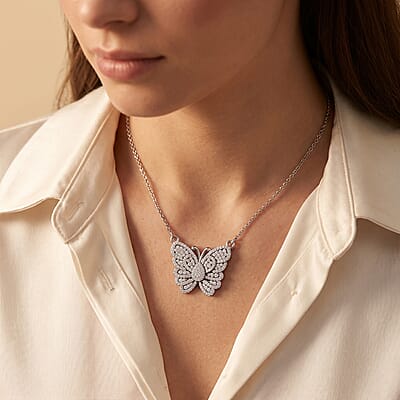 Luxuriant Lab Grown Diamond G-H SI 1.00 ctw Butterfly Necklace 18-20 Inches in Rhodium Over Sterling Silver