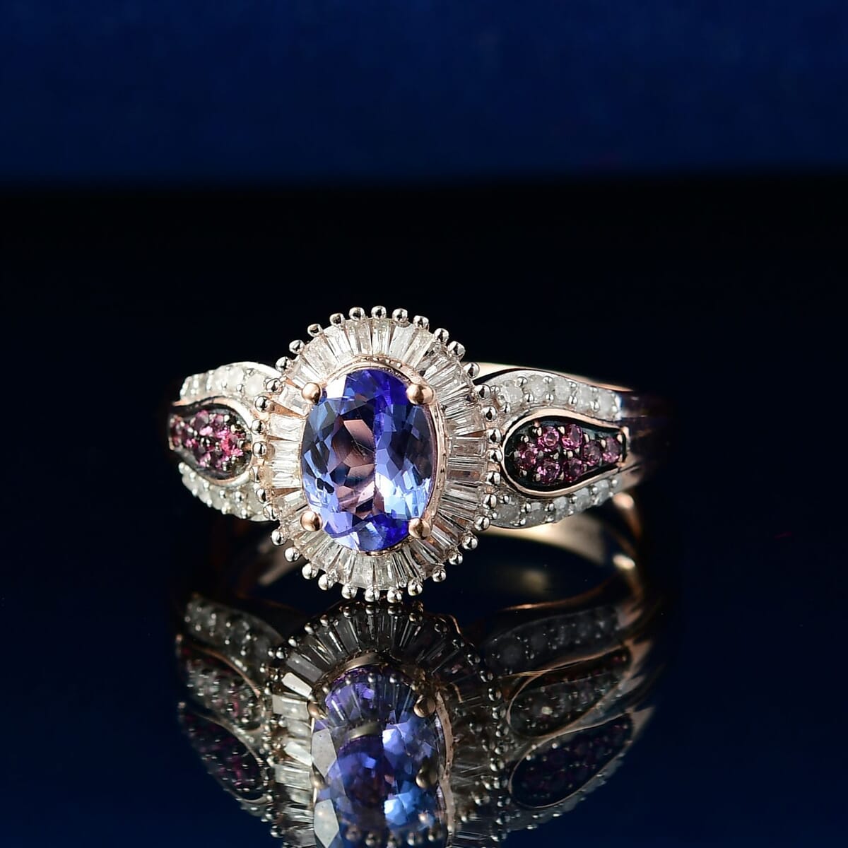D'Joy Premium Tanzanite, Pink Spinel and Diamond 1.15 ctw Sunrise Ring in 18K Vermeil Rose Gold Over Sterling Silver (Size 10.0) image number 1