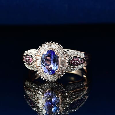 D'Joy Premium Tanzanite, Pink Spinel and Diamond 1.15 ctw Sunrise Ring in 18K Vermeil Rose Gold Over Sterling Silver (Size 10.0)