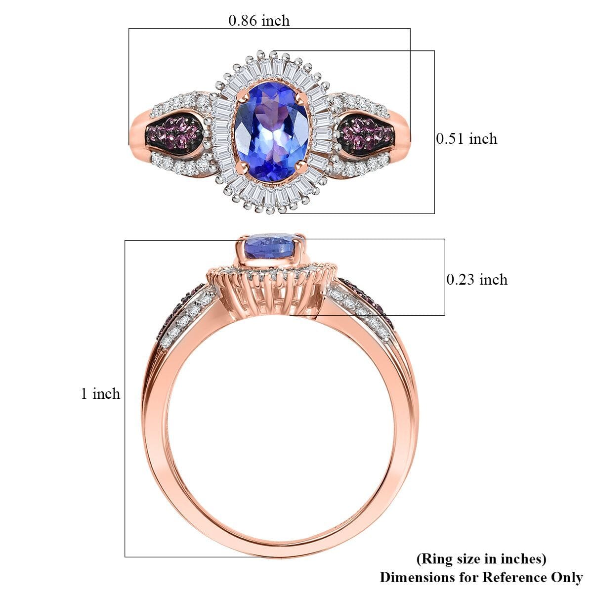 D'Joy Premium Tanzanite, Pink Spinel and Diamond 1.15 ctw Sunrise Ring in 18K Vermeil Rose Gold Over Sterling Silver (Size 10.0) image number 5
