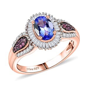 D'Joy Premium Tanzanite, Pink Spinel and Diamond 1.15 ctw Sunrise Ring in 18K Vermeil Rose Gold Over Sterling Silver (Size 5.0)