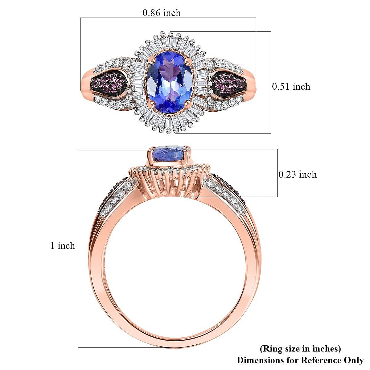 D'Joy Premium Tanzanite, Pink Spinel and Diamond 1.15 ctw Sunrise Ring in 18K Vermeil Rose Gold Over Sterling Silver (Size 5.0) image number 5