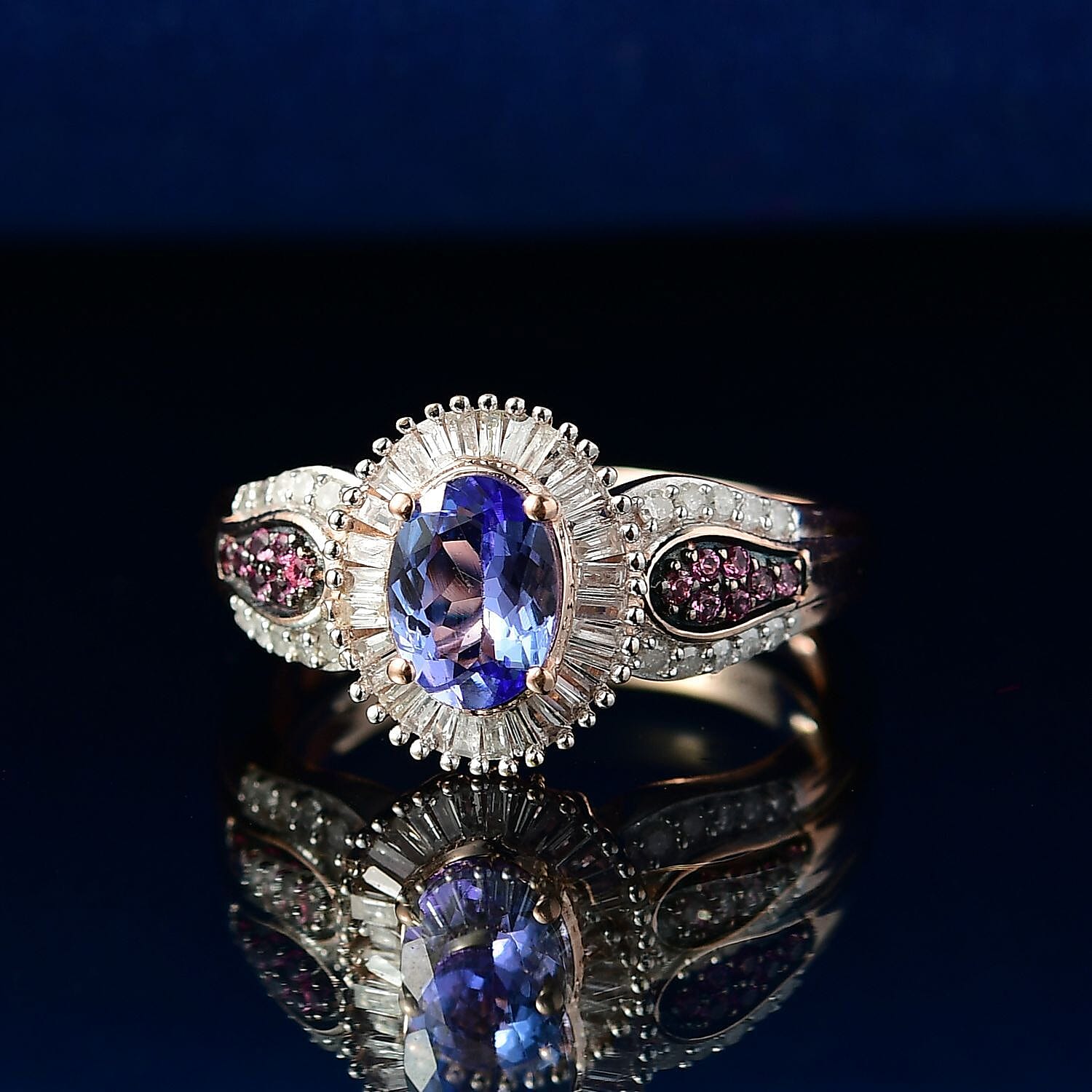 D'Joy Tanzanite, Pink Spinel and Diamond Ring in 18K Vermeil RG Over Sterling Silver (Size 10.0) 1.20 ctw