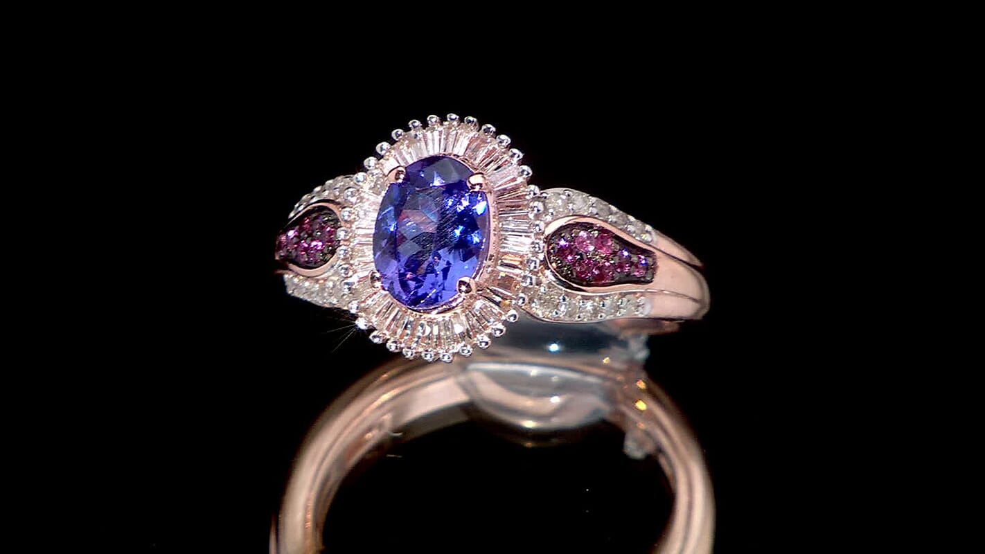 D'Joy Tanzanite, Pink Spinel and Diamond Ring in 18K Vermeil RG Over Sterling Silver (Size 10.0) 1.20 ctw