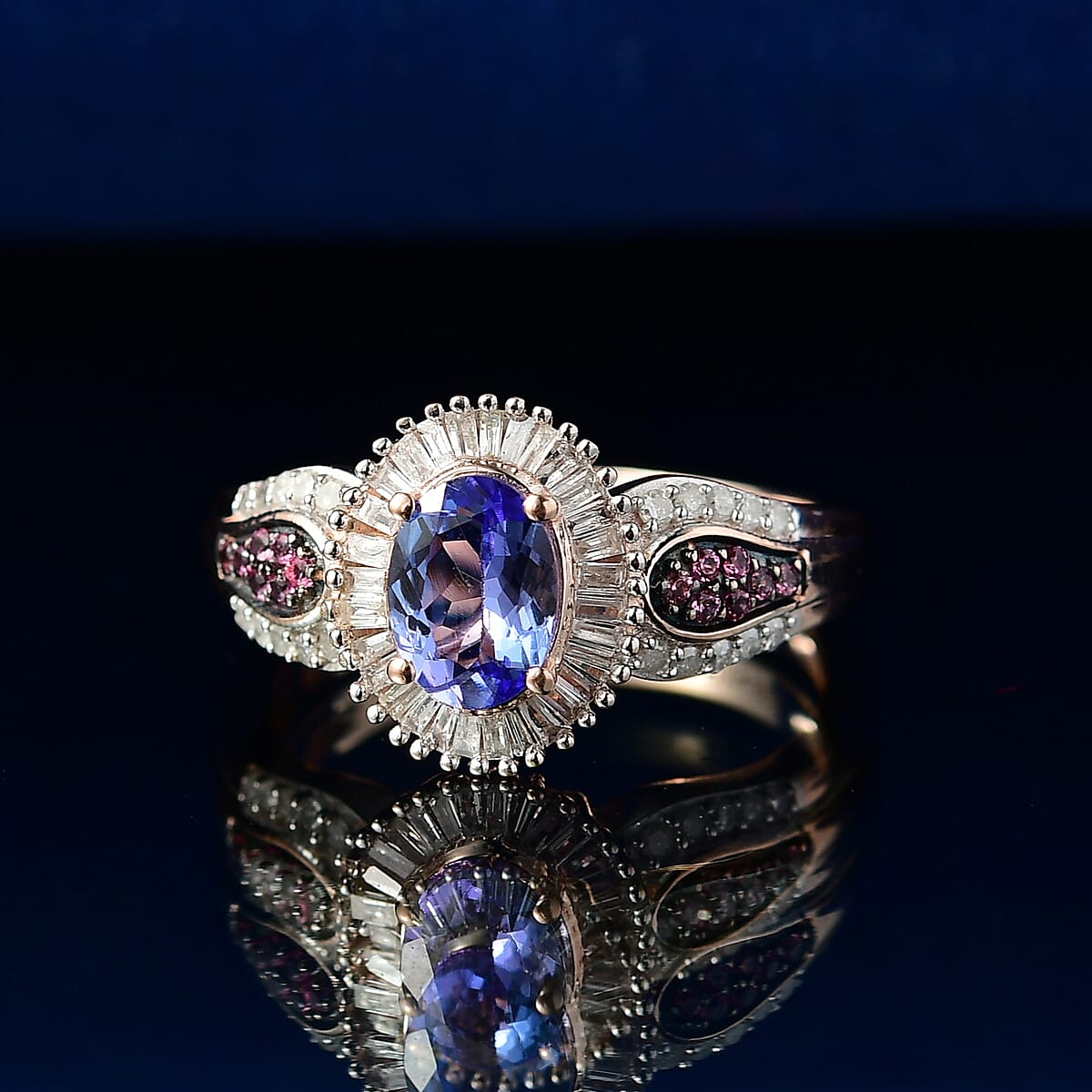 D'Joy Premium Tanzanite, Pink Spinel and Diamond 1.15 ctw Sunrise Ring in 18K Vermeil Rose Gold Over Sterling Silver (Size 8.0) image number 1