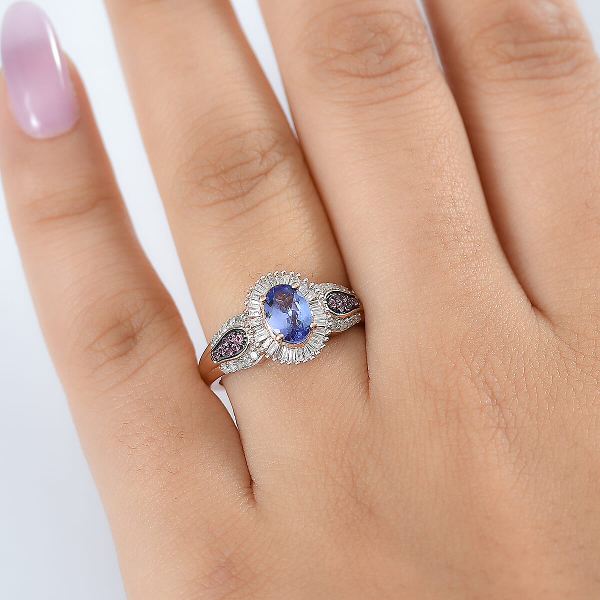 D'Joy Premium Tanzanite, Pink Spinel and Diamond 1.15 ctw Sunrise Ring in 18K Vermeil Rose Gold Over Sterling Silver (Size 8.0) image number 2