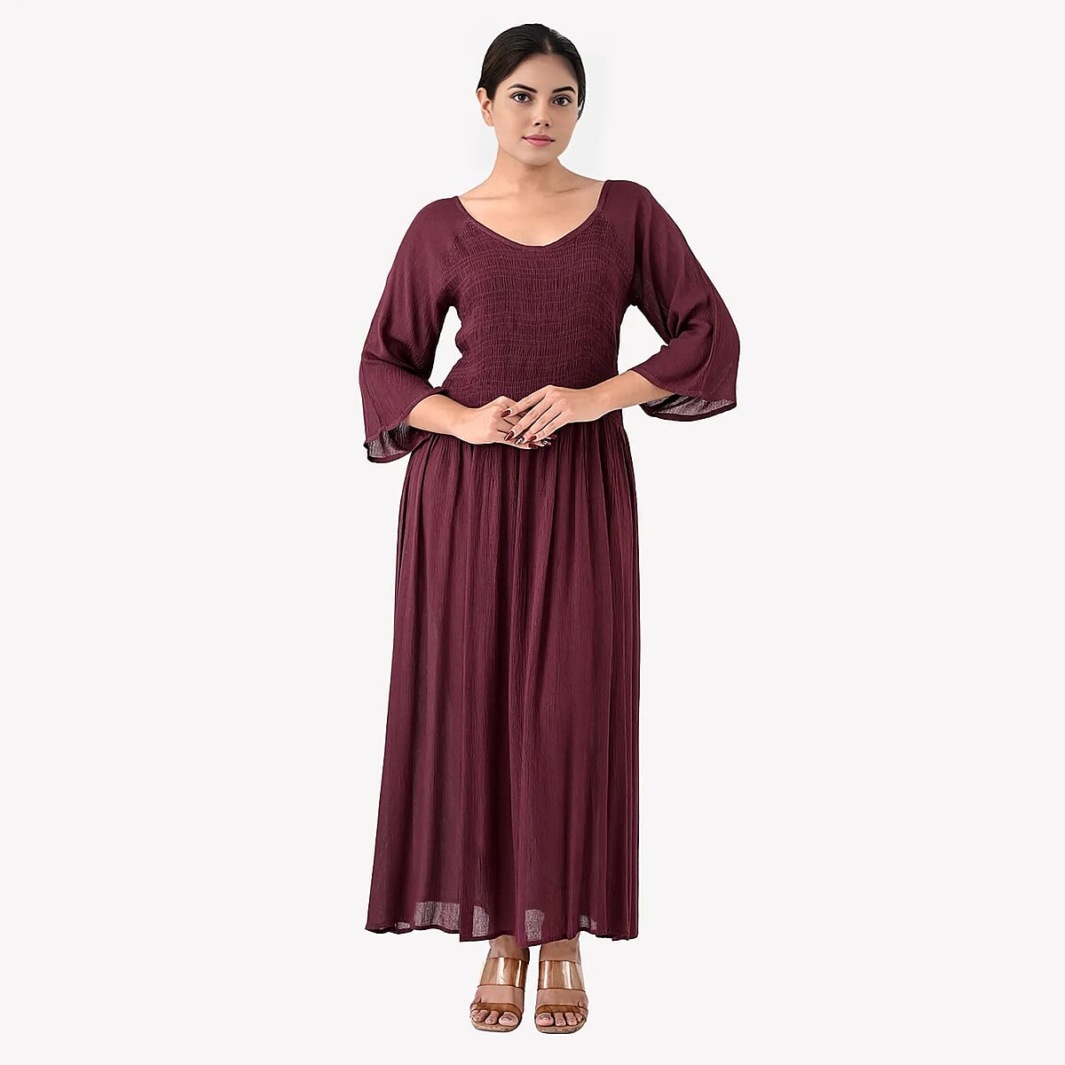 Tamsy Plum Rayon Crepe Smocked Bodice Dress with Bell Sleeve - One Size Fits Most image number 0