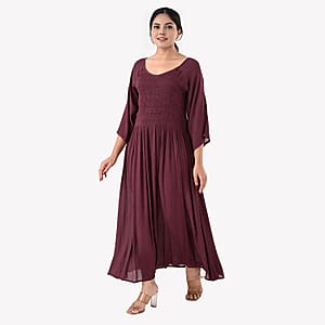Tamsy Plum Rayon Crepe Smocked Bodice Dress with Bell Sleeve - One Size Fits Most