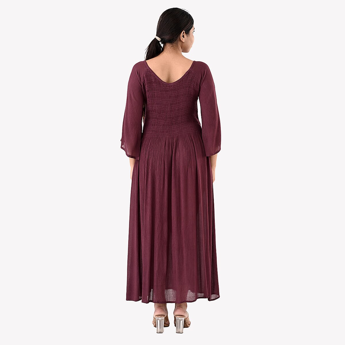 Tamsy Plum Rayon Crepe Smocked Bodice Dress with Bell Sleeve - One Size Fits Most image number 2