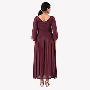 Tamsy Plum Rayon Crepe Smocked Bodice Dress with Bell Sleeve - One Size Fits Most