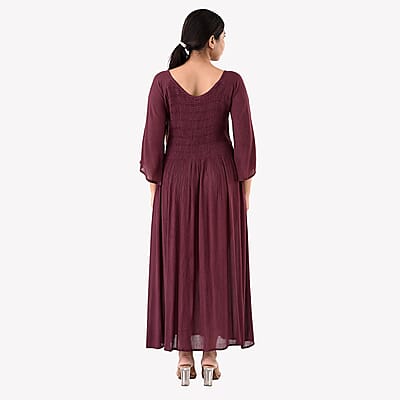 Tamsy Plum Rayon Crepe Smocked Bodice Dress with Bell Sleeve - One Size Fits Most