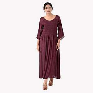 Tamsy Plum Rayon Crepe Smocked Bodice Dress with Bell Sleeve - One Size Fits Most