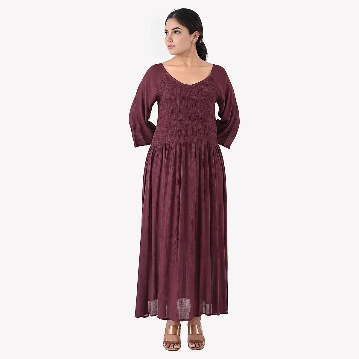Tamsy Plum Rayon Crepe Smocked Bodice Dress with Bell Sleeve - One Size Fits Most image number 4