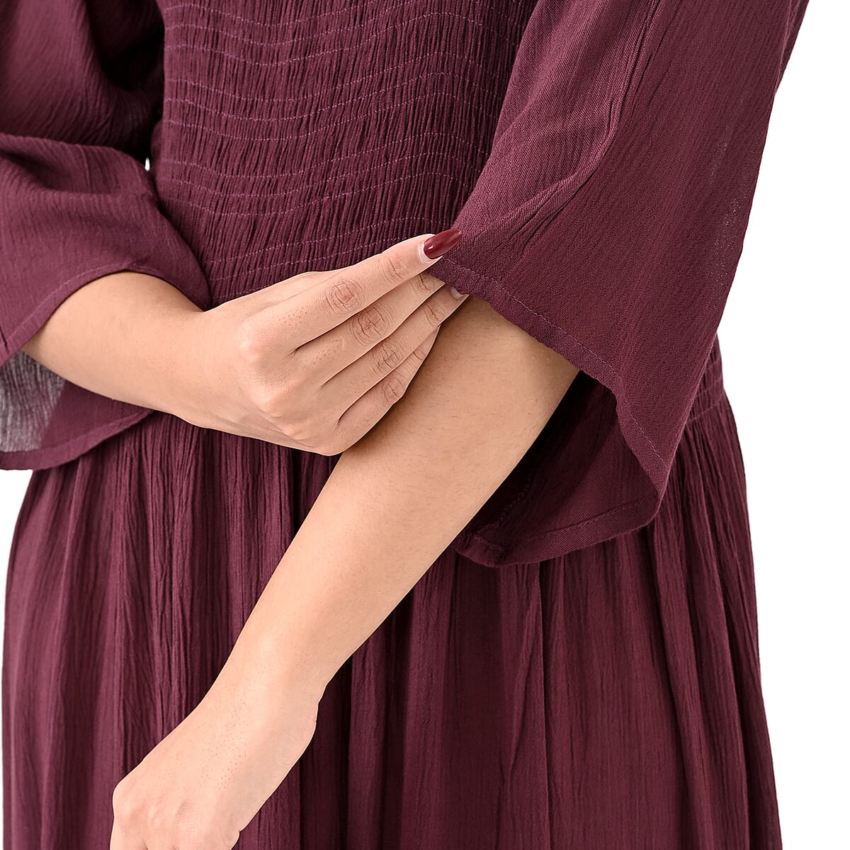 Tamsy Plum Rayon Crepe Smocked Bodice Dress with Bell Sleeve - One Size Fits Most image number 5
