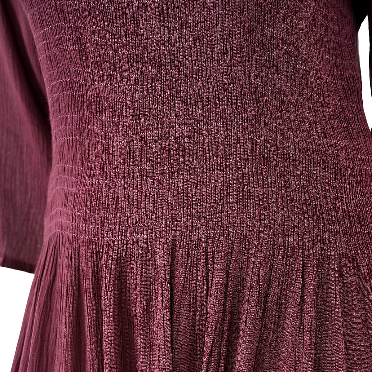 Tamsy Plum Rayon Crepe Smocked Bodice Dress with Bell Sleeve - One Size Fits Most image number 7
