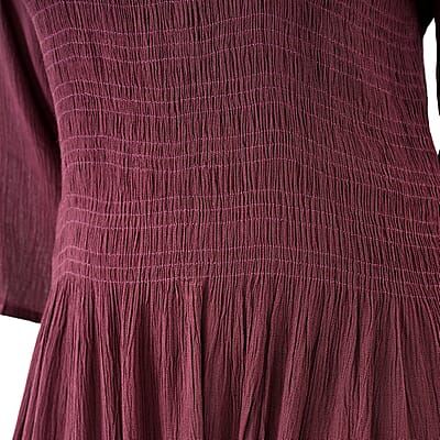 Tamsy Plum Rayon Crepe Smocked Bodice Dress with Bell Sleeve - One Size Fits Most