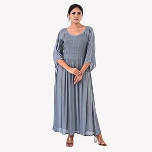 Tamsy Light Grey Rayon Crepe Smocked Bodice Dress with Bell Sleeve - One Size Fits Most