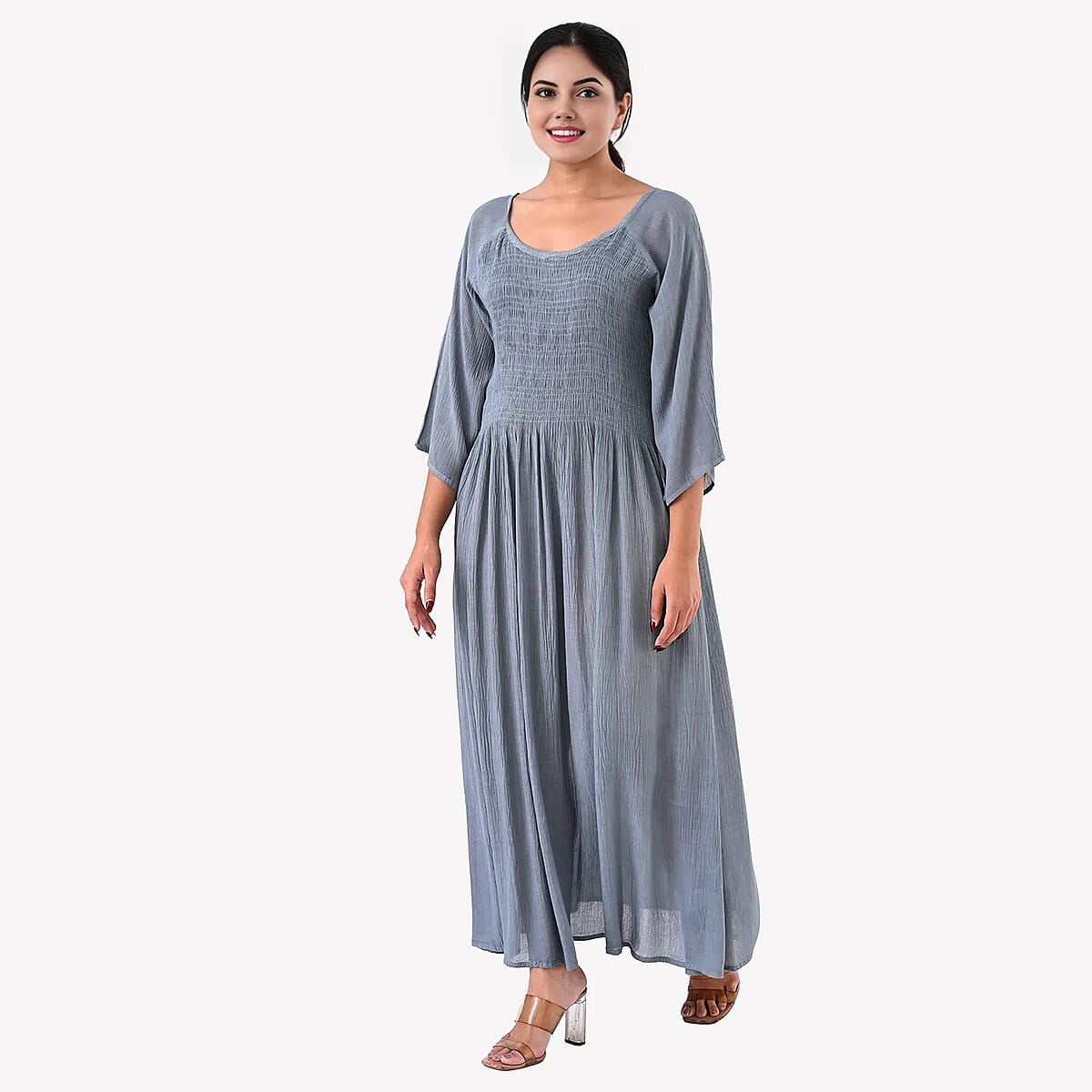Tamsy Light Grey Rayon Crepe Smocked Bodice Dress with Bell Sleeve - One Size Fits Most image number 1
