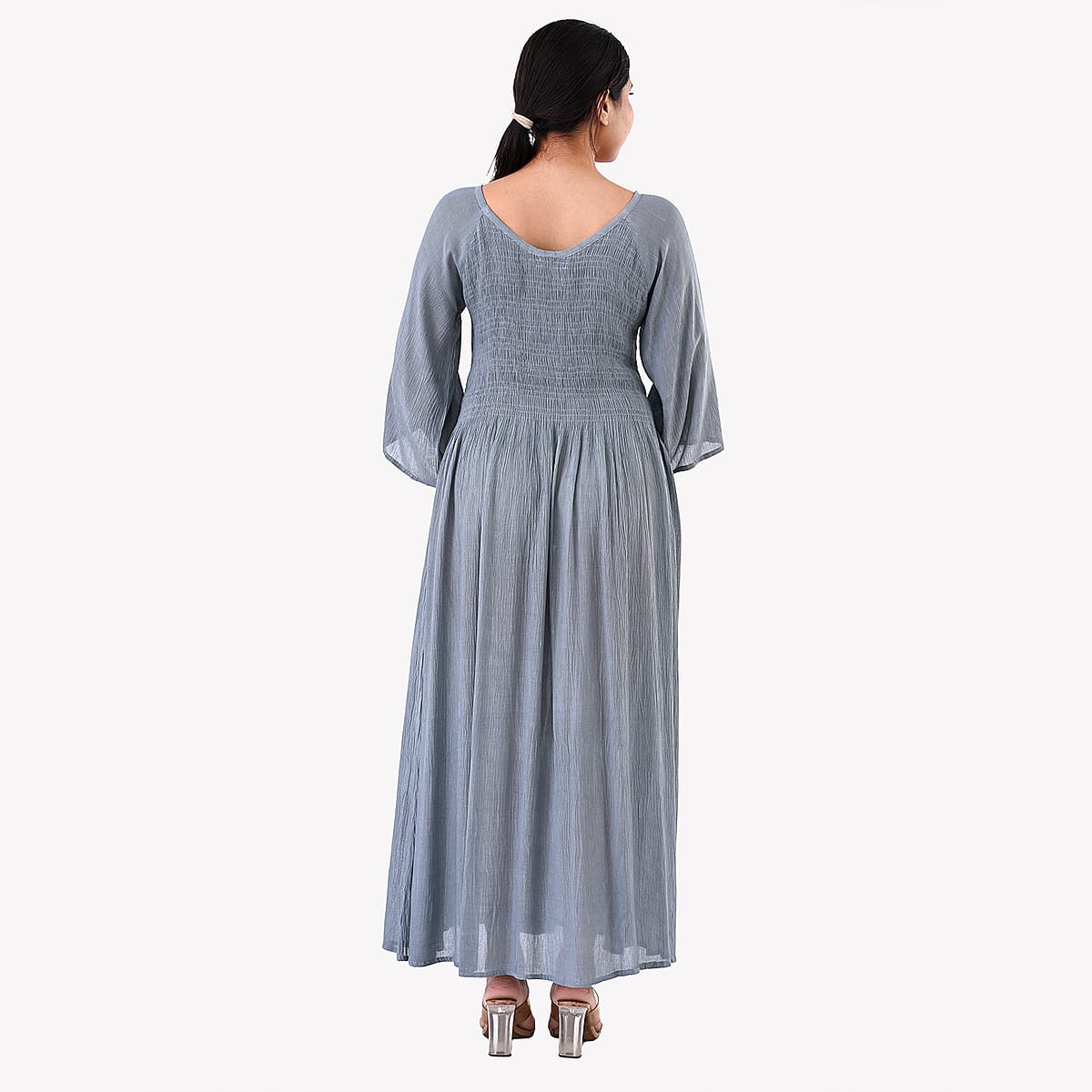 Tamsy Light Grey Rayon Crepe Smocked Bodice Dress with Bell Sleeve - One Size Fits Most image number 2