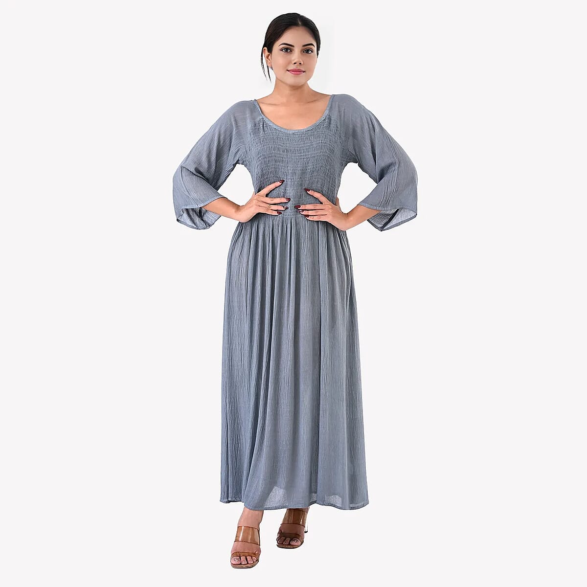 Tamsy Light Grey Rayon Crepe Smocked Bodice Dress with Bell Sleeve - One Size Fits Most image number 3