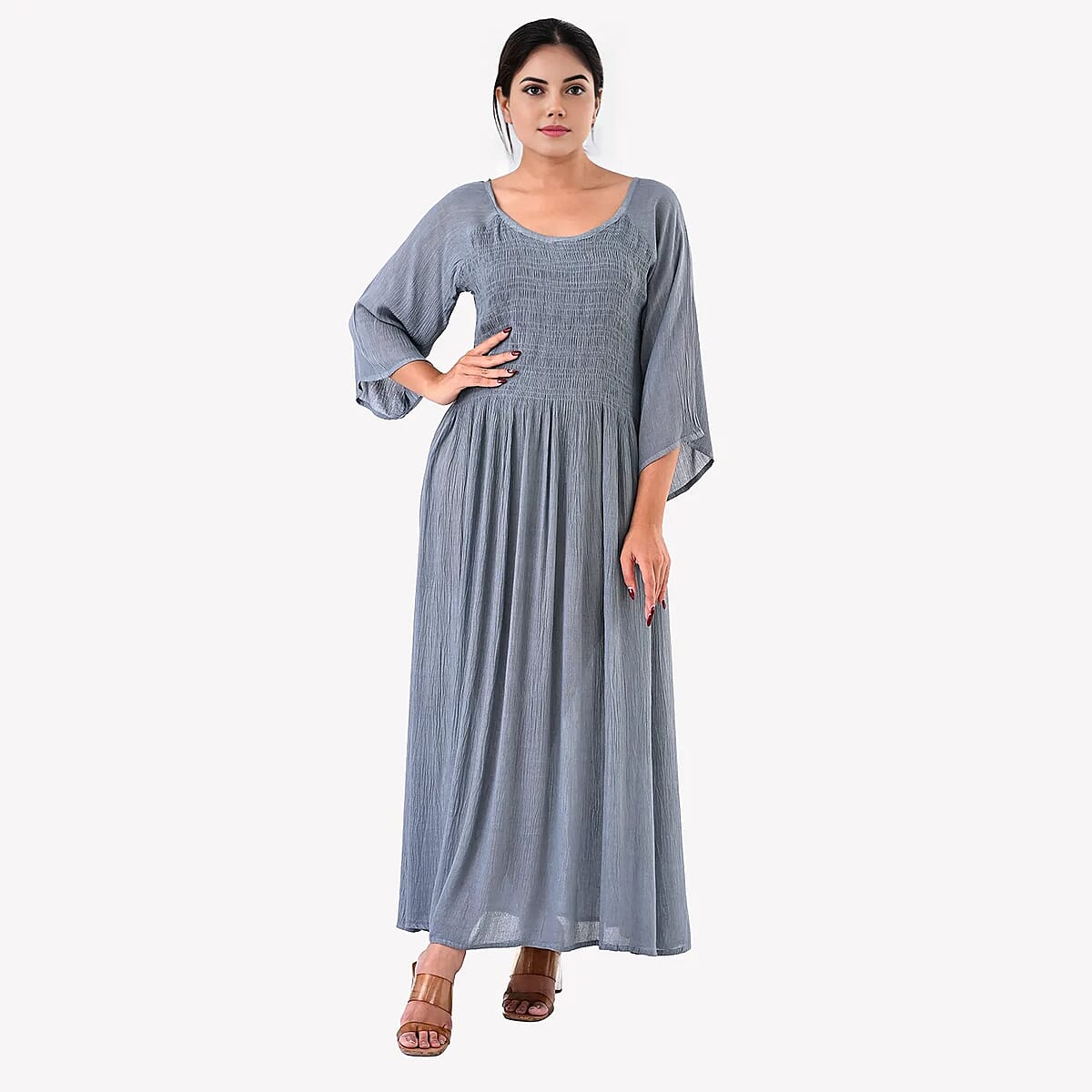 Tamsy Light Grey Rayon Crepe Smocked Bodice Dress with Bell Sleeve - One Size Fits Most image number 4