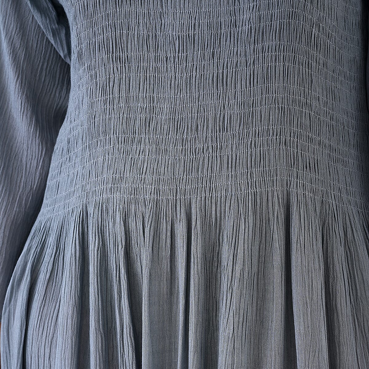 Tamsy Light Grey Rayon Crepe Smocked Bodice Dress with Bell Sleeve - One Size Fits Most image number 7