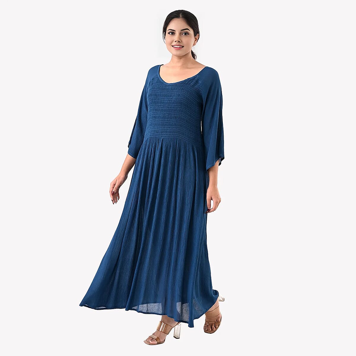 Tamsy Teal Rayon Crepe Smocked Bodice Dress with Bell Sleeve - One Size Fits Most image number 1