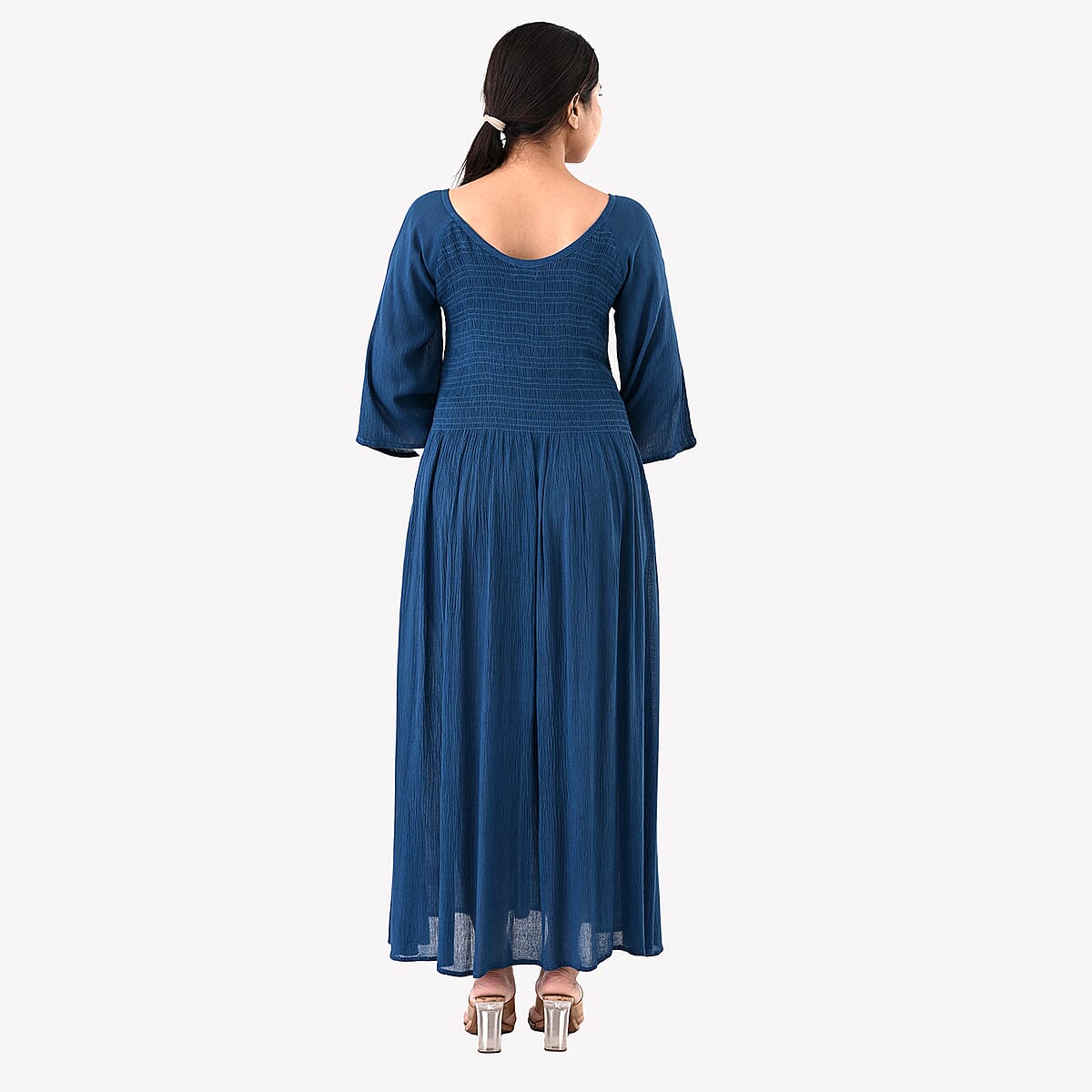 Tamsy Teal Rayon Crepe Smocked Bodice Dress with Bell Sleeve - One Size Fits Most image number 2