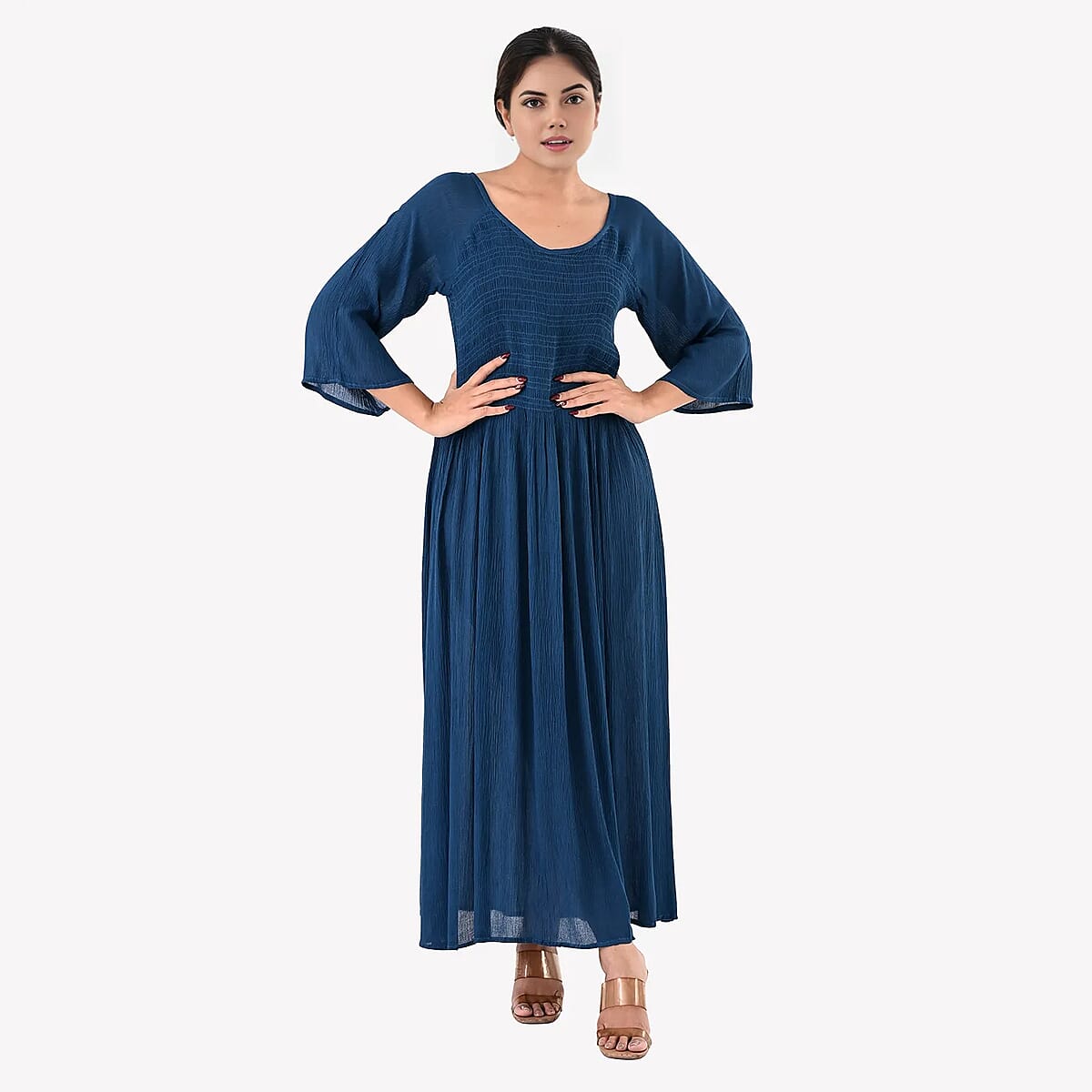 Tamsy Teal Rayon Crepe Smocked Bodice Dress with Bell Sleeve - One Size Fits Most image number 3