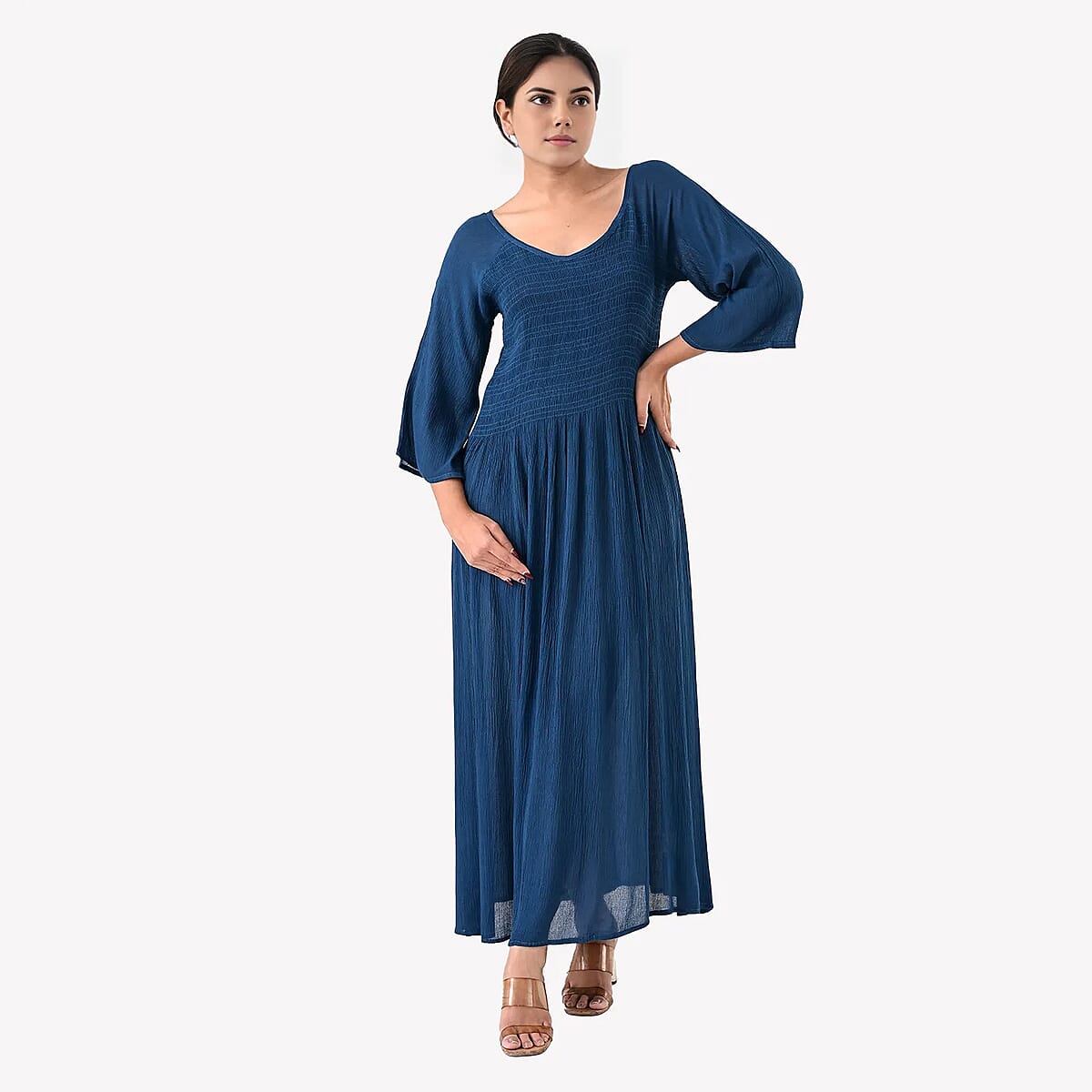 Tamsy Teal Rayon Crepe Smocked Bodice Dress with Bell Sleeve - One Size Fits Most image number 4