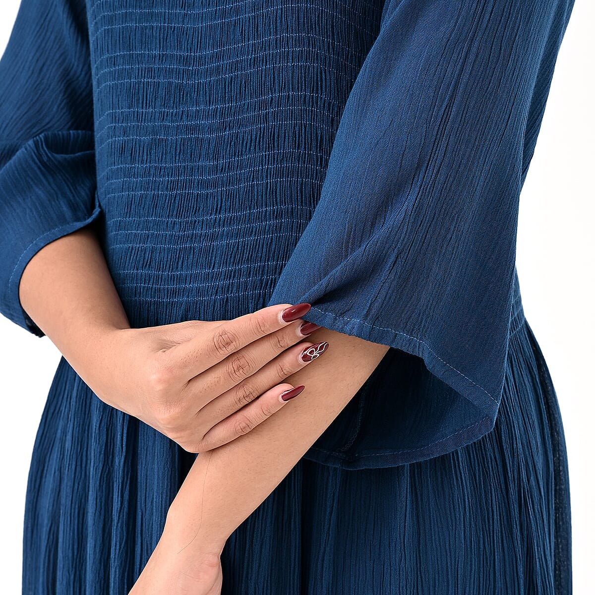 Tamsy Teal Rayon Crepe Smocked Bodice Dress with Bell Sleeve - One Size Fits Most image number 5