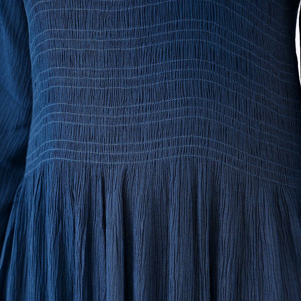 Tamsy Teal Rayon Crepe Smocked Bodice Dress with Bell Sleeve - One Size Fits Most image number 7