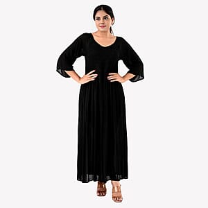 Tamsy Black Rayon Crepe Smocked Bodice Dress with Bell Sleeve - One Size Fits Most